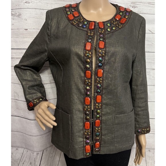 Boston Proper Beaded Linen Jacket Size 14 Metallic Sheen Orange Bronze - Picture 1 of 12